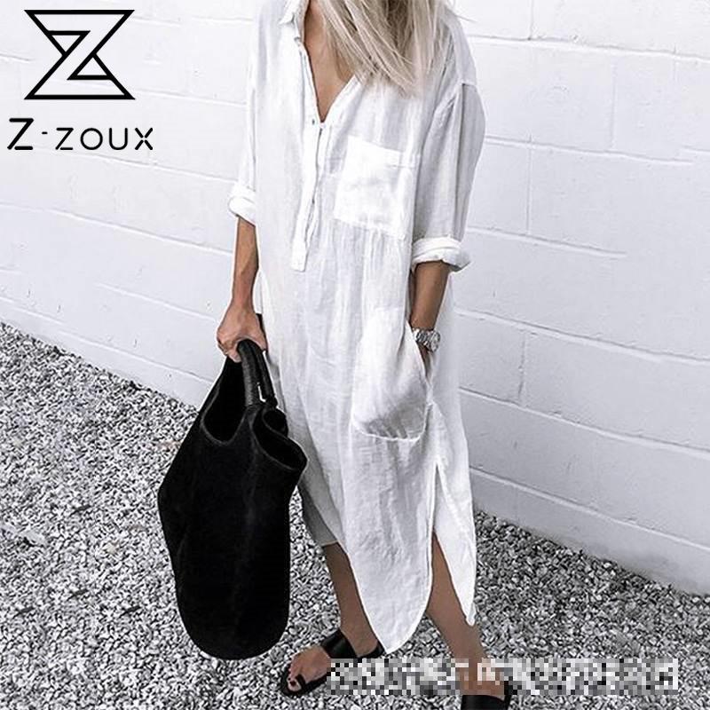 

Women Dress Long Sleeve Single Breasted Shirt Loose Leisure Split White es Retro Beach Elegant es 210524, Navy blue