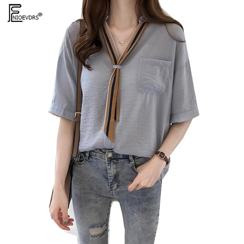 

Cute Sweet Tops Women Summer Short Sleeve Preppy Style Design Blouse Shirts Girls Blue White Bow Tie Top V Neck Shirt 6526 Women's Blouses