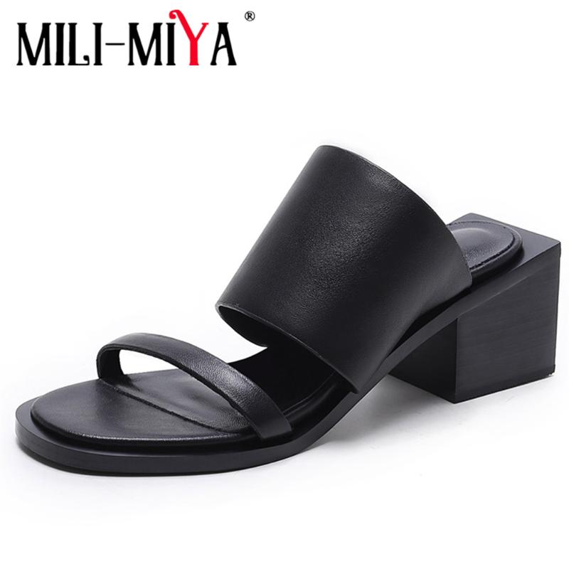 

Sandals MILI-MIYA Concise Women Genuine Leather Square Heels Round Toe Casual Shoes Slip-On Handmade Slippers For Ladies, Black