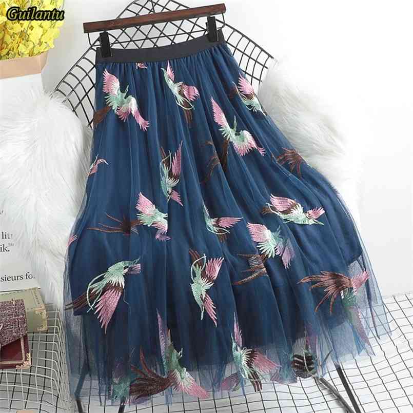

Guilantu Spring Summr Mesh Embroidery Long Skirt Women Clothes Elastic High Waist Mid-calf s Female Harajuku Tulle 210708, White
