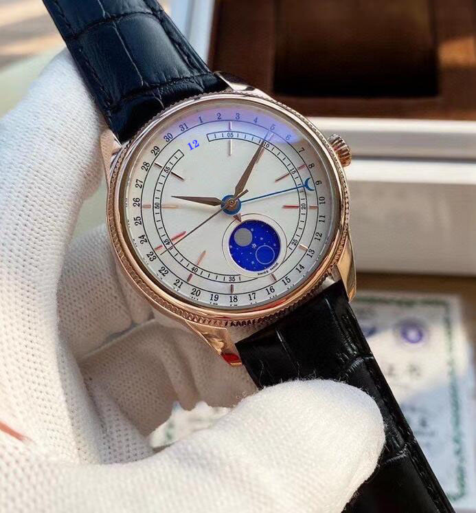 

Men's Watch Automatic Mechanical 18K Rose Gold Moon Phase Date Watches 39mm Crocodile Pattern Pin Buckle High-end Wristband, Upgraded waterproof