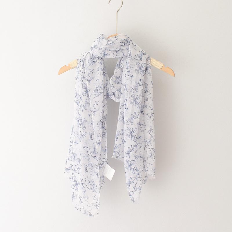 

Scarves Women Blue And White Butterfly Print Cotton Linen Feel Scarf Lady Thin Light Head Shawl Wraps Bufandas 200*100 Cm, Blue;gray