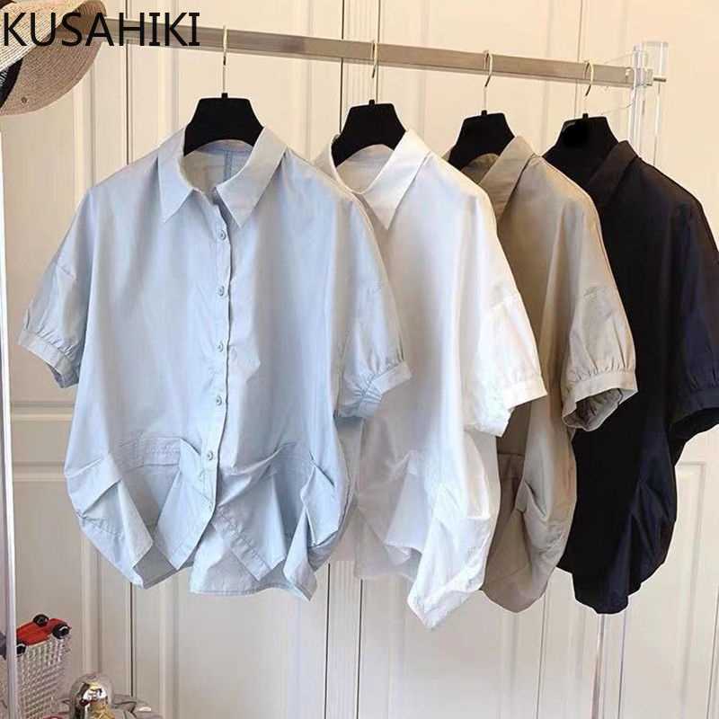 

KUSAHIKI Korean Folds Blusas Mujer De Moda Puff Sleeve Turn-down Collar Blouses Causal Solid Women Shirts 6H815 210602, Khaki