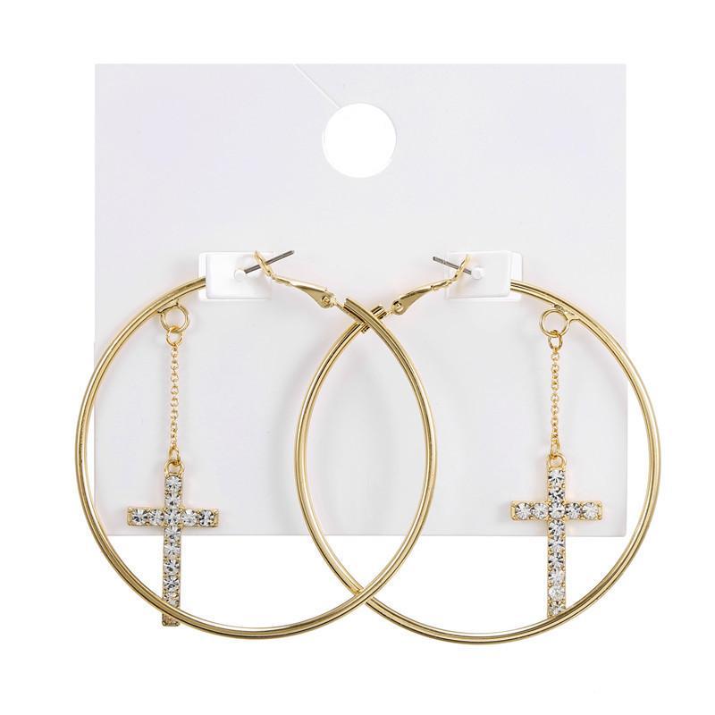 

Korean Design Minimalist Gold Color Big Hoop Earrings With Crystal Cross Pendant Women's Vintage Cross Charm Hoops Earring