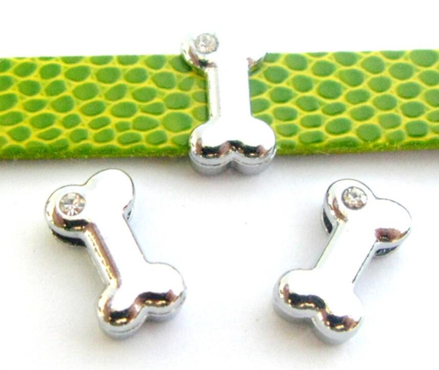 

Wholesale 100pcs/lot 10MM one rhinestone dog bone diy alloy slide charm fit for10mm pet collar leather bracelet, Bronze;silver