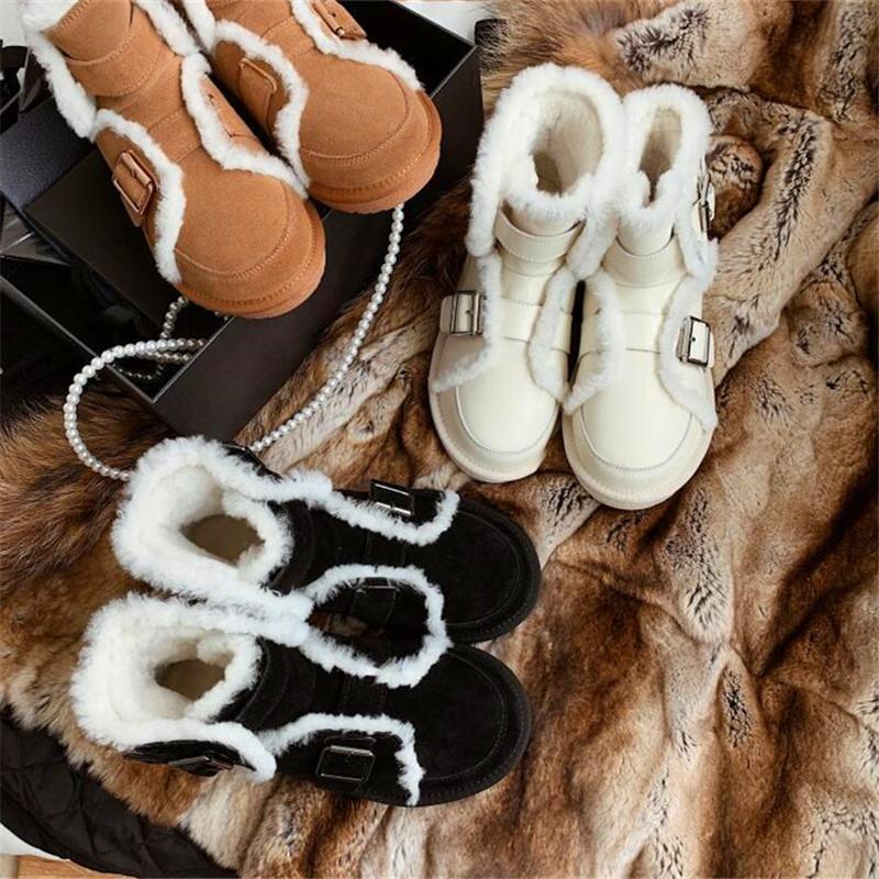 

Boots Women's Round-toe Flat With Thick Woolen Sole Black And White Brown Metal Buckle Winter Ladies Fashion
