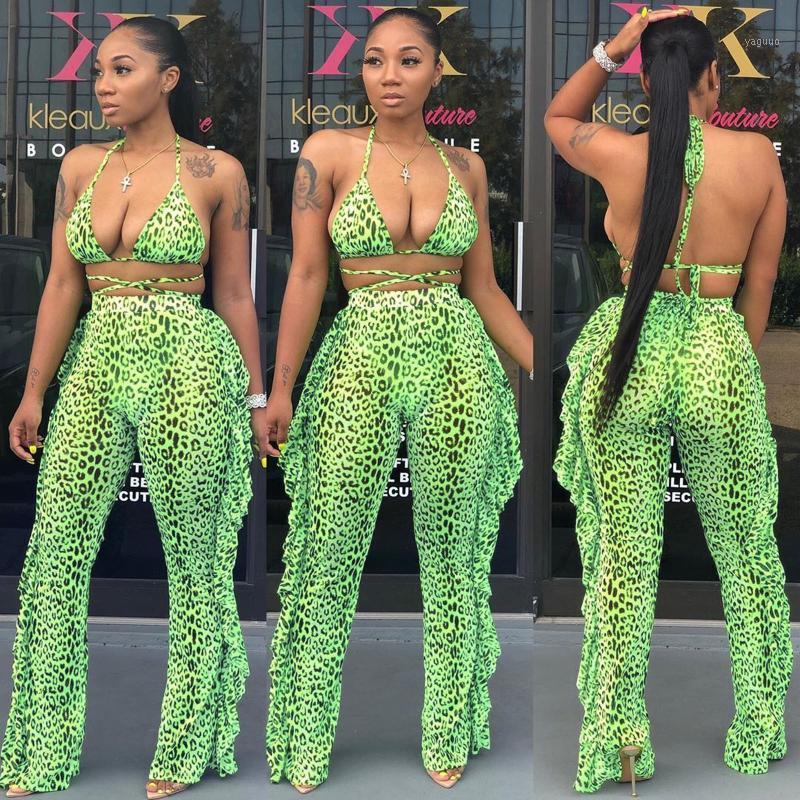 

Women' Swimwear Digital Printing Swimsuit Mesh Three-piece Suit Bikini Set Outfits Jumpsuits Crop Top And Ruffle Long Pants Set35, Green