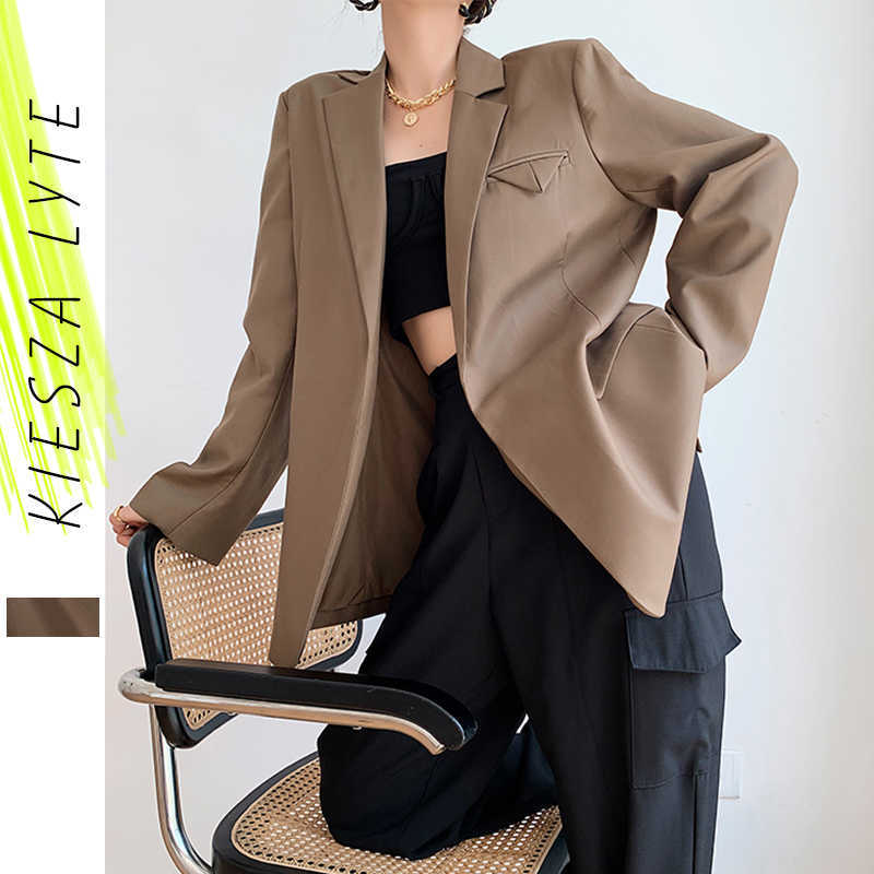

Vintage Women Brown Blazer Loose Pocket Jackets Autumn Female Suits Coat Blazers Jacket Streetwear Outerwear 210608