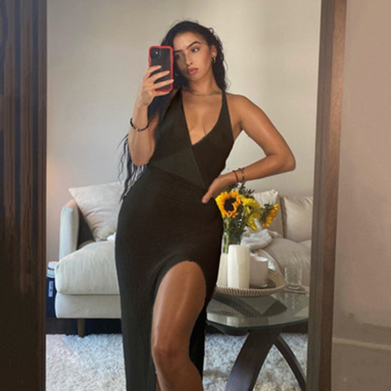 

2021cryptographic crochet beach maxi dress for women see through plunge backless bandage sleeveless lacing split long dresses, Black;gray