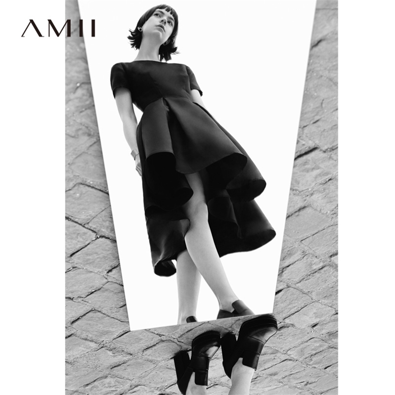 

Minimalism Fashion Women's Dress Temperament Solid Oneck Aline Irregular Hem Party Chiffon 11792680 210527, Black