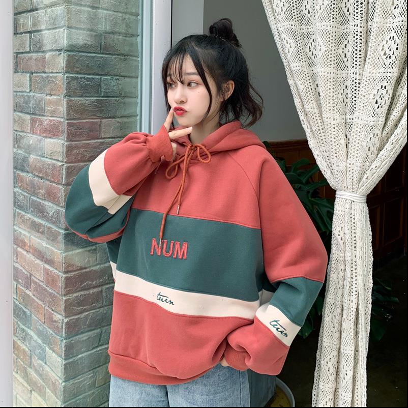 

autumn and winter student womens sweatshirt pullover loose casual wild color matching letter embroidery plus velvet thick, Black