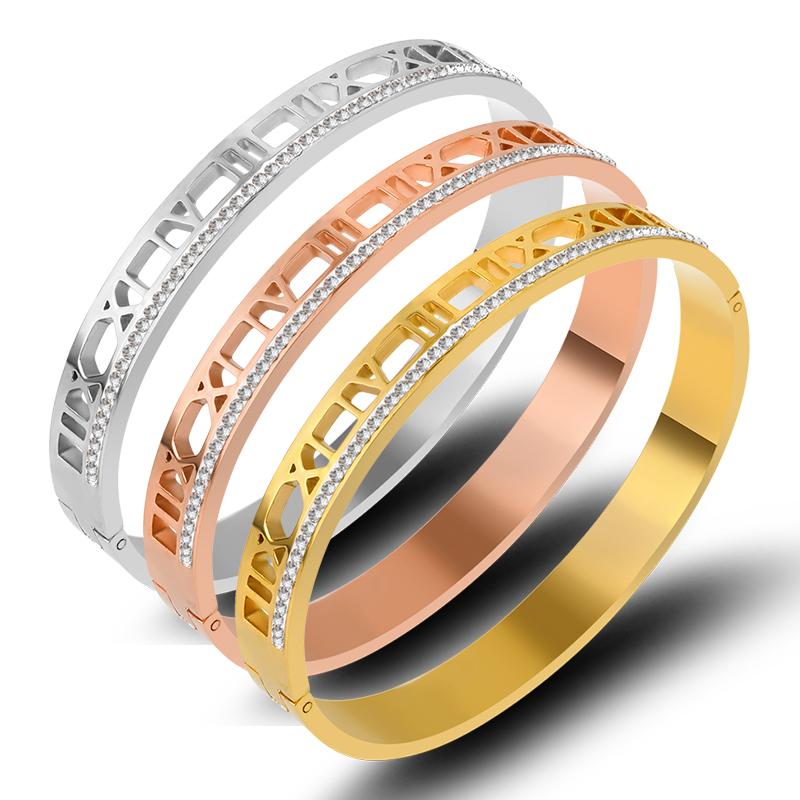 Bangle Fashion Model Gold Color Roman Numerals Bracelet Crystals Rhinestones Bracelets & Bangles Female Personality Wedding Jewelry-image-719341784