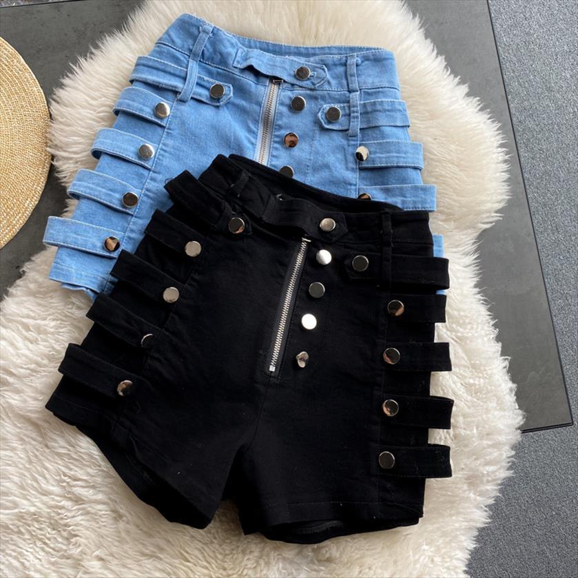 

summer denim shorts womens jean high waist slimming casual side metal breasted motorcycle wide leg, Blue