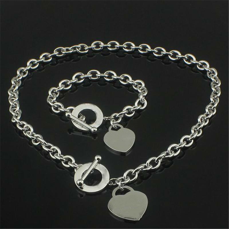 

Christmas Gift 925 Silver Love Necklace Bracelet Set Wedding Statement Jewelry Heart Pendant Necklaces Bangle Sets, Silver tone