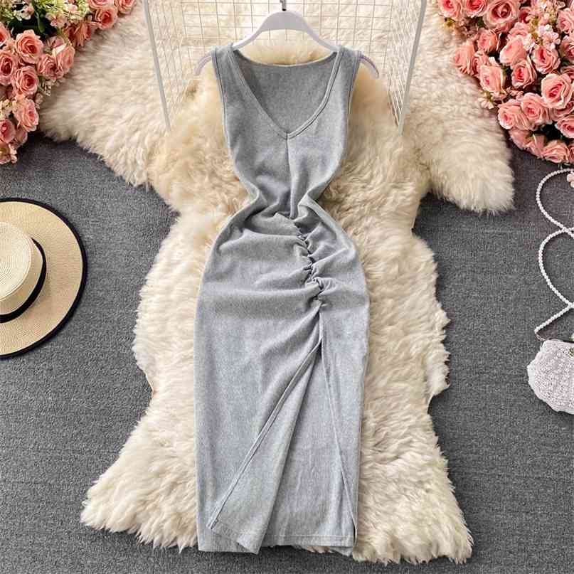 

Sexy V-neck Bodycon Knitted Dress Summer Sleeveless Ruched Split Midi Tank Solid Color Casual Women Chic Streetwear 210603, Gray