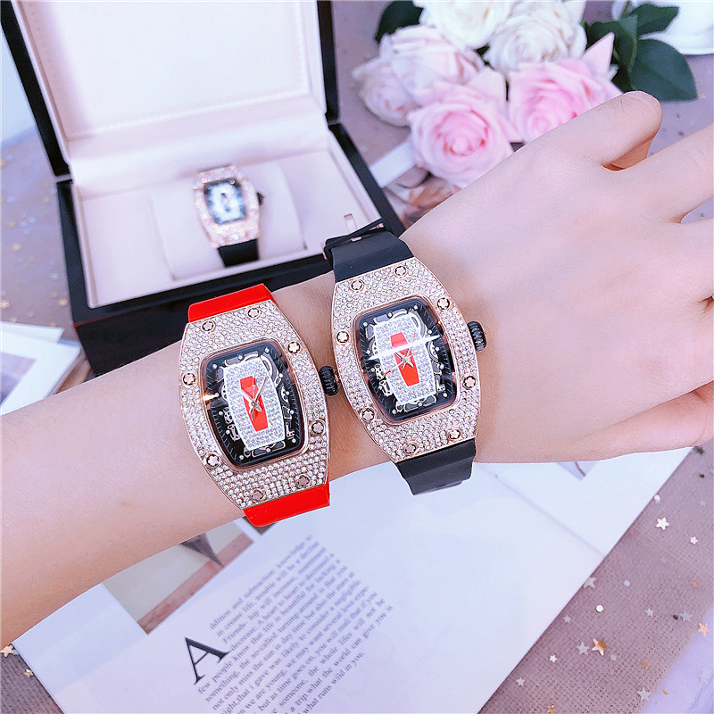 

European and American Fashion High-End 2021 New Richard Tonneau Starry Hollow Silicone Full Diamond Watch Womens Foreign Trade Live Popular, White shell black belt