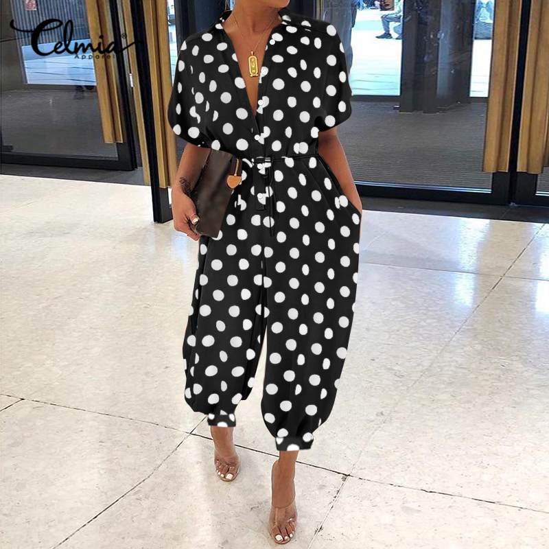 

2011celmia women jumpsutis fashion polka dot rompers casual loose short sleeve cargo pants plus size summer 2021 overalls femme, Black;white