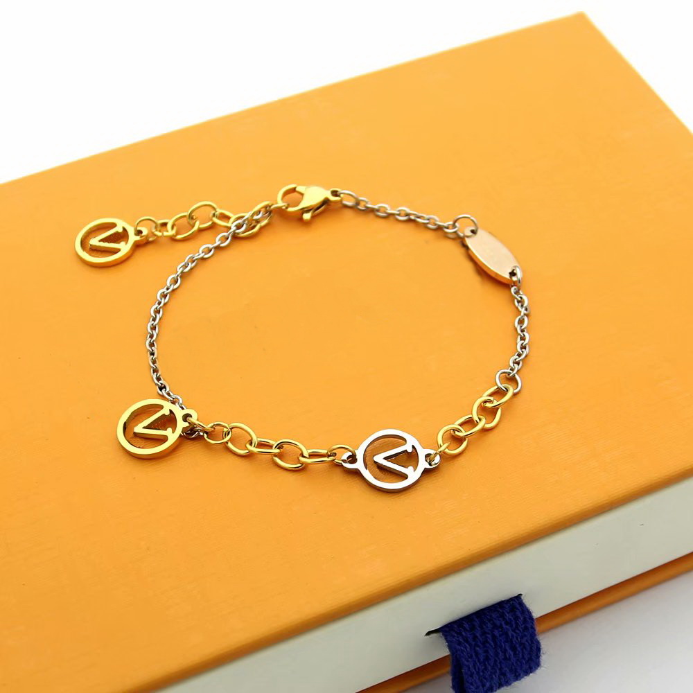 

Europe America Fashion Style Lady Women Titanium steel 3 Color Chain Bracelet With Hollow Out V Initials Charm, Golden;silver