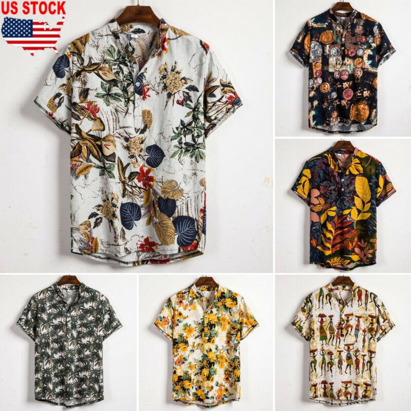 

Brand Style Fashion Men Linen Short Sleeve Shirt Summer Floral Loose Baggy Casual Shirts Blouse Tops Men's
