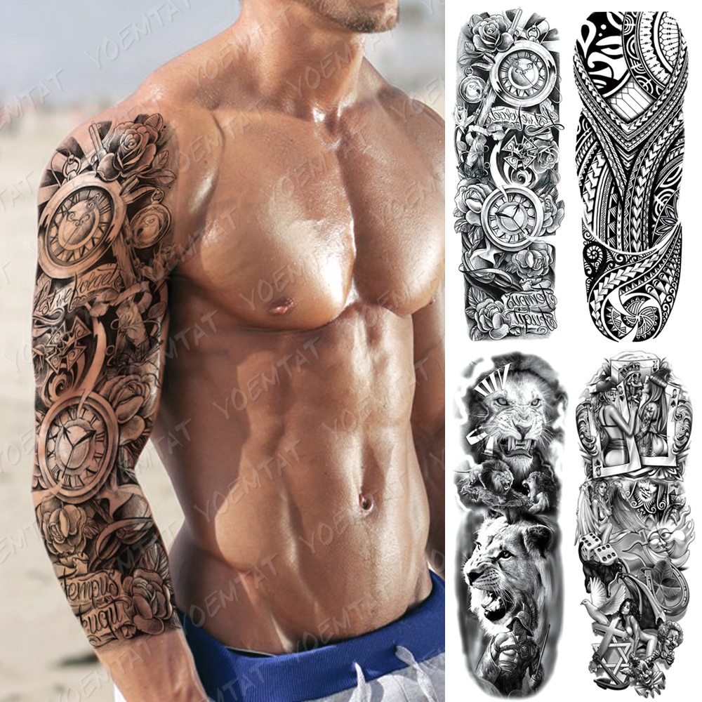 

Large Arm Sleeve Tattoo Clock Rose Cross Dragon Waterproof Temporary Tatto Sticker Poker Lion Body Art Full Fake Tatoo Women Men