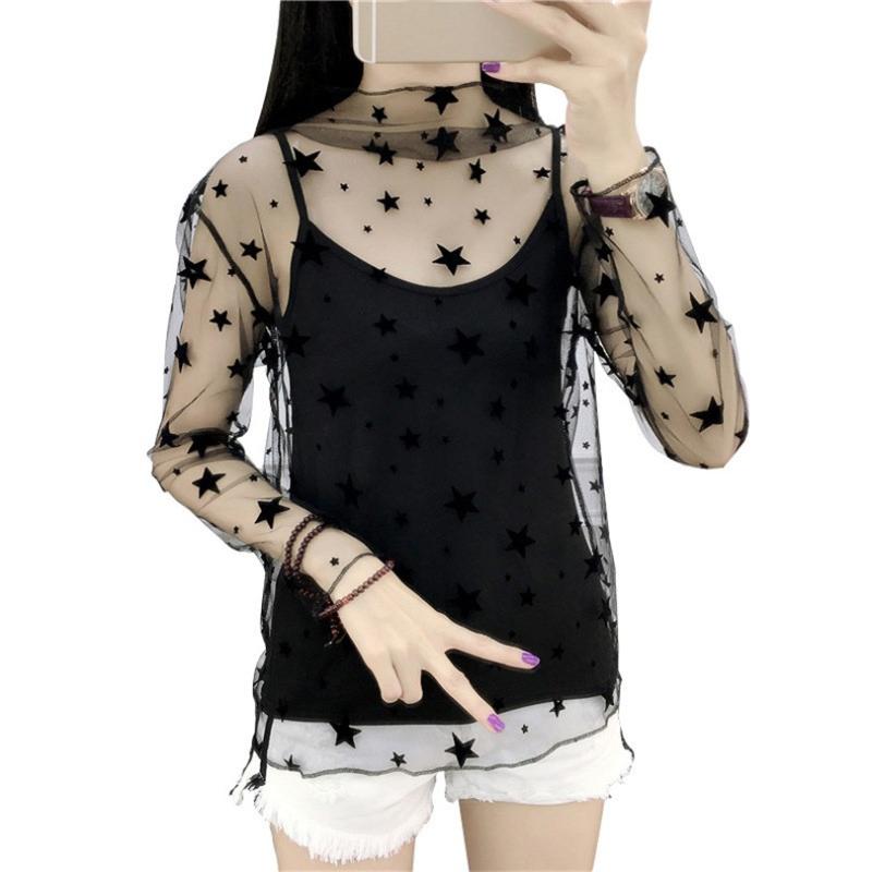 

Women's Blouses & Shirts INDJXND Mesh Tops Harajuku See Through Blouse Hollow Transparent Long Sleeve Dot Net Heart Star Leaf Vertical Flowe, White