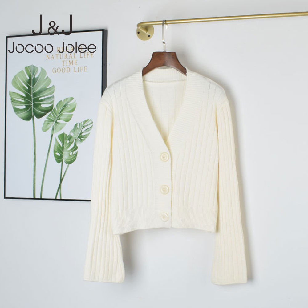 

Elegant Cardigan Women Autumn V Neck Long Flare Sleeve Short Sweater Korean Harajuku Ribbed Knitted Cotton Tops Outwear 210518, Red