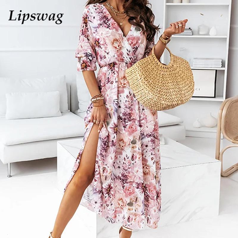 

fashion elegant short sleeve party dresses women casual floral print elastic waist long dress v neck wrap split beach dresshigh quality, Black;gray