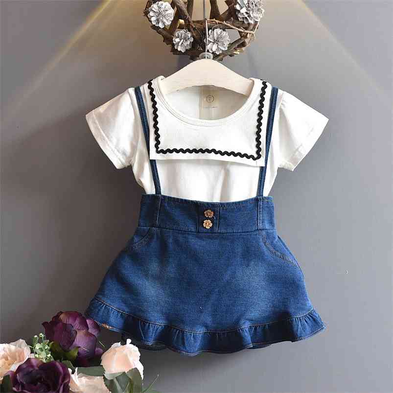 

Arrivals Summer Children Sets Short Sleeve White T-shirt Braces Denim Skirt Cute 2Pcs Girls Clothes 2-7T 210629, Blue