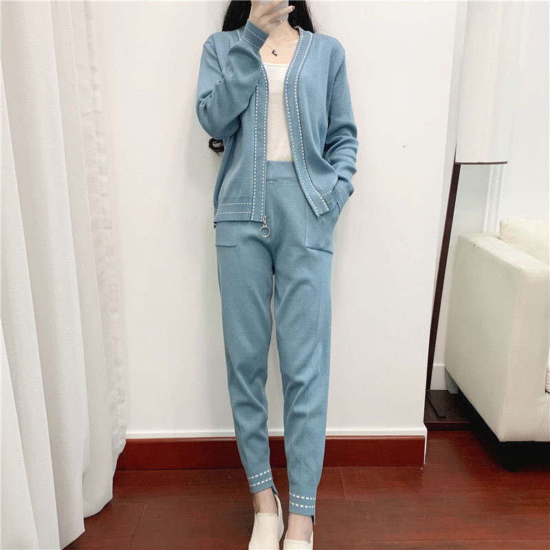 

Women's Tracksuits Plus Size 4XL Stripe Tracksuit Knitted 2 Piece Pant Suits For Women Zipper Long Sleeve Coat And Sweatpants Kore, Blue