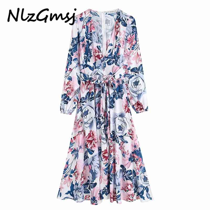 

Dress Long Sleeve Deep V Neck Casual Floral Holiday Clothing Street Style Spring Summer 210628, As picture