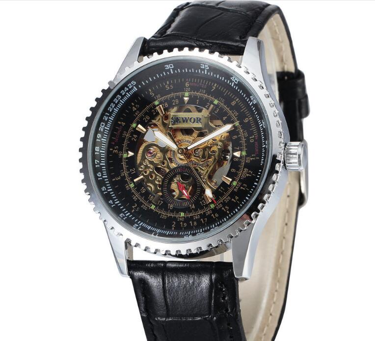 Automatic Movement Men's Dress Watch by SEWOR SEW12 Series in Leather Band-image-699534636