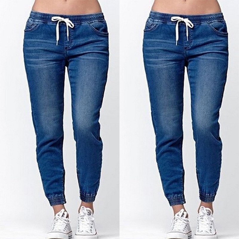 

2021women jeans solid fashion elastic waist jeans straight pencil pants denim pants women trousers causal pants women clothing, Blue