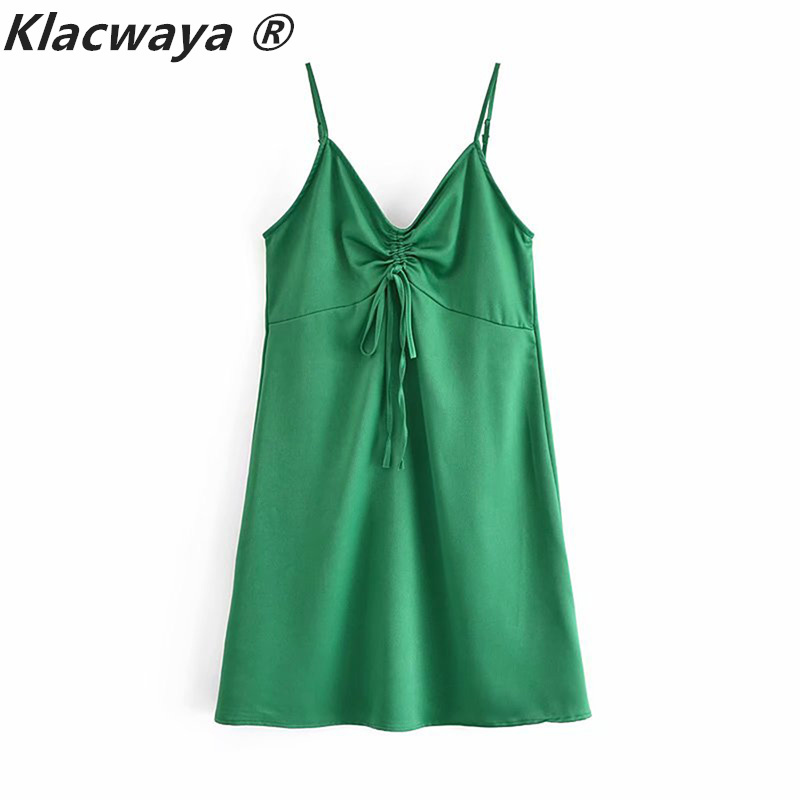 

Woman Za Summer Silk Satin Textured Bow Ornament Green Underwear Style Short Suspender Dress 210521