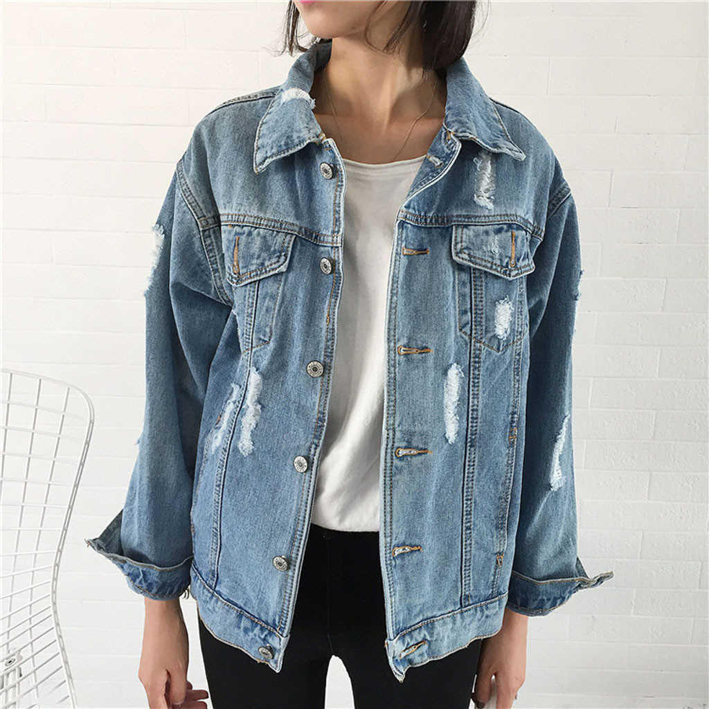 

Womens Jean Jackets Retro Turn-down Collar Denim Jacket Loose Oversize Basic Coats Motorcycle Punk Ripped Hole Female Outwear SH190827, Black;brown