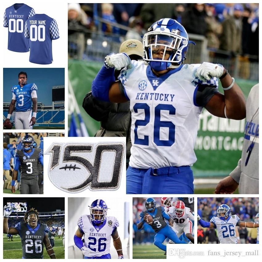 

NCAA Kentucky Wildcats College Football Jerseys 18 Randall Cobb 9 Davonte Robinson 33 David Bouvier 57 Dermontti Dawson Blue Custom Stitched Jersey Shirt, Youth blue with 150th