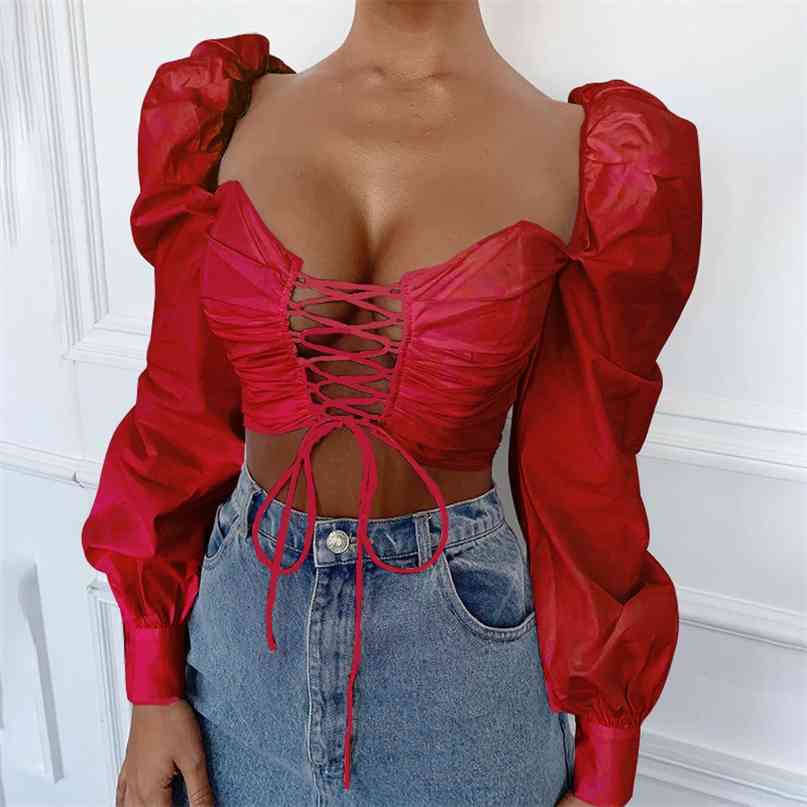

women summer cotton bandage blouse big long slush lantern sleeve adjustable lace up strap crop top White Summer 210607, Black