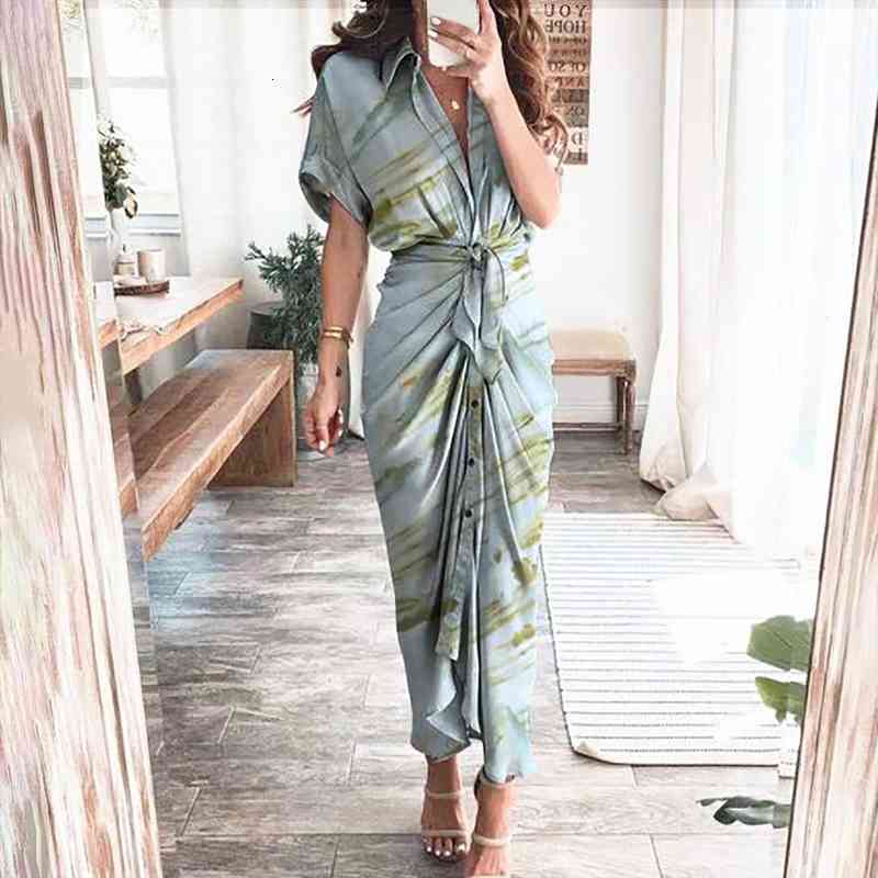 

Summer Dress Fashion Casual Women Tracksuits Short Sleeve Beach Slim Long Sexy Party Elegant Button Draped Bandage Lady Shirt, Gray