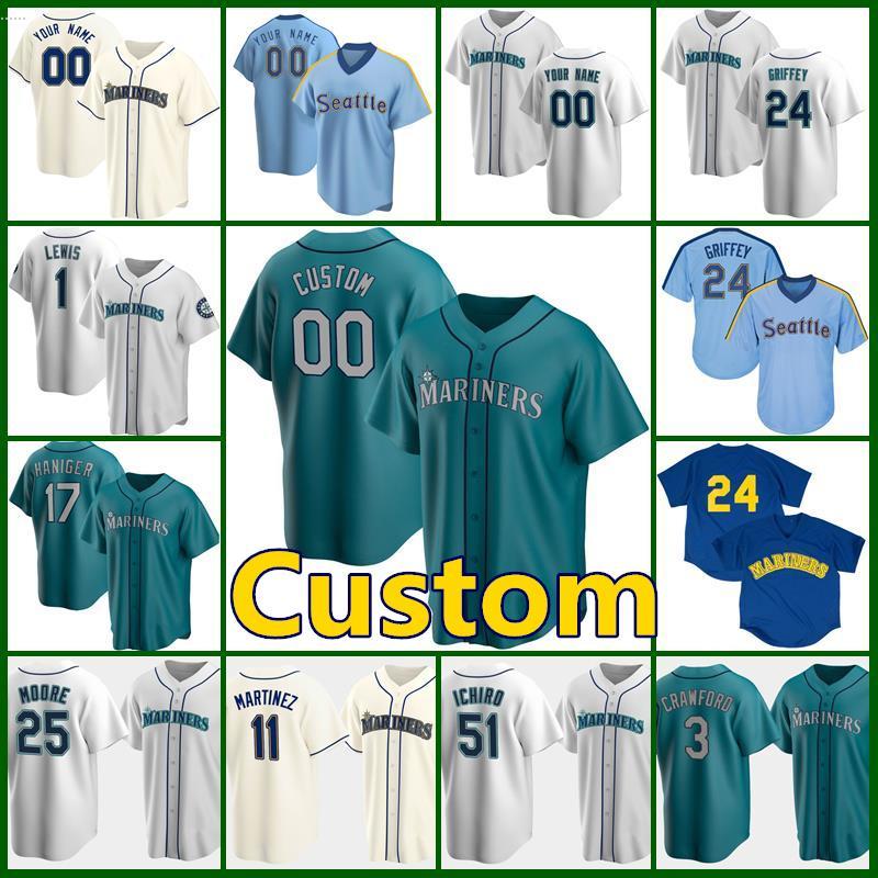 

Seattle Custom 24 Ken Griffey Jr Jersey Mariners 1 Kyle Lewis Baseball 17 Mitch Haniger Men Felix Hernandez 51 Ichiro Suzuki 12 Evan White, Blue;black