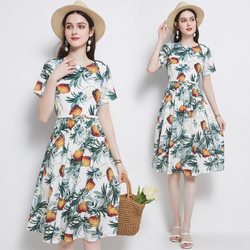 

Beautiful Fruit Printed Runway Dress Summer 2021 Designer Fashion Ladies Short Sleeve Belt Casual Street Style Dresses Chic Back Hollow Out Bow Tie Women Clothes