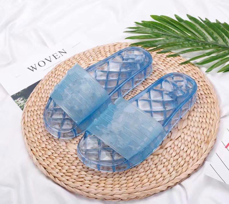

R-2021 Clear Jelly Slippers Pvc Sandals Womens Luxury Designer Shoes Transparent Glossy Pool Mules Slides Lady Rubber Slip On Sand, Black
