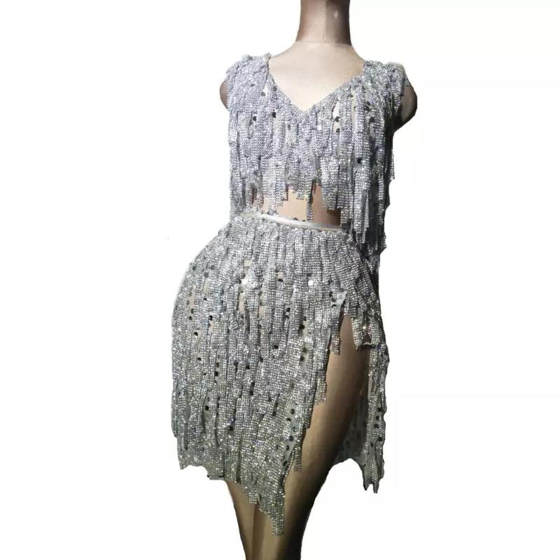 

Party Decoration Shiny Silver Tassel Rhinestone Top + Skirts Stage Outfit Sets Women Nightclub Prom Celebration Singer Dress Performance Wea
