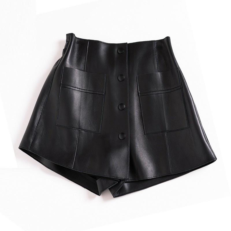 

Women's Shorts Short Female Legitimate Leather, Elastic Skirt High Waist Wide Legs With Simple Pockets, Black