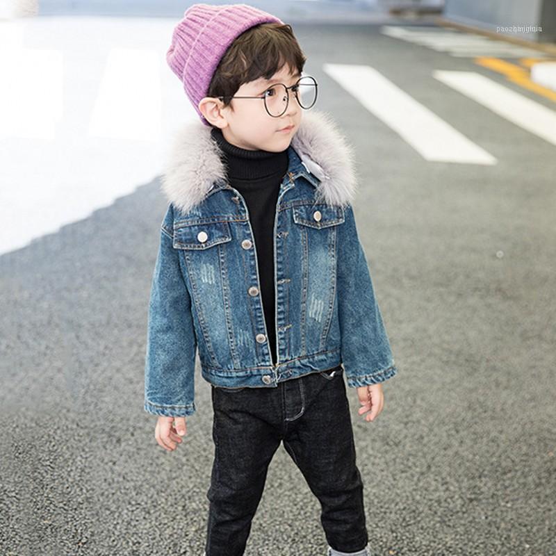 

Jackets Denim Jacket Kids Fur Collar Thickness Coat 2-8 Old Size Autumn Winter 9BBT0351, Blue;gray