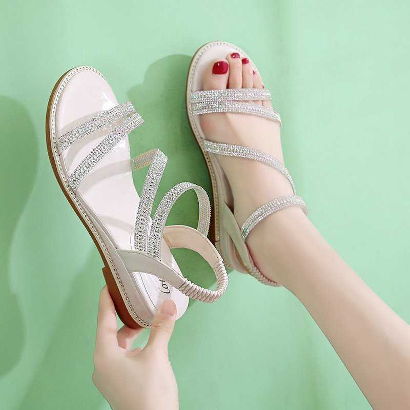 

Women Summer Sandals Rhinestone Round Toe PU Leather Elastic Band Open Toe Flat 2021 Fashion Roman Dress Beach Ladies Shoes Y0721, Green
