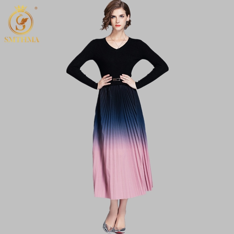 

Arrival Spring Knitting Patchwork Dress Vintage Gradient Color Luxury Elegant Slim Women Casual Party Dresses 210520, Photo color
