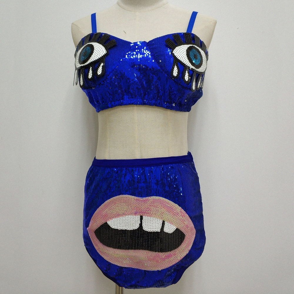

Sexy Evil Eyes Sequin Crop Top Bralette High Waist Lips Sequin Shorts Party Clubwear Costume Shining Festival Raves Undies Set 22pi#, Royal blue
