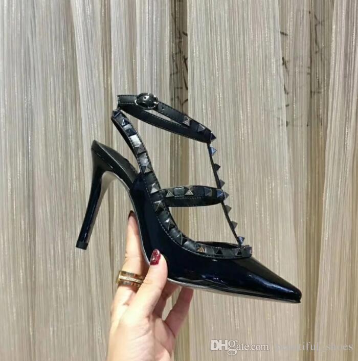 

VALENTINOWomen's Party Fashion Studded Shoes Women's Sexy Pointed High Heels Roman Sandals T Single Shoes High Quality fPX, Black