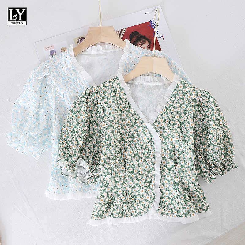 

LY VAREY LIN Summer Women Sweet V-neck Floral Shirts Tops Casual Single Breasted Puff Sleeve Short Female 210526, White