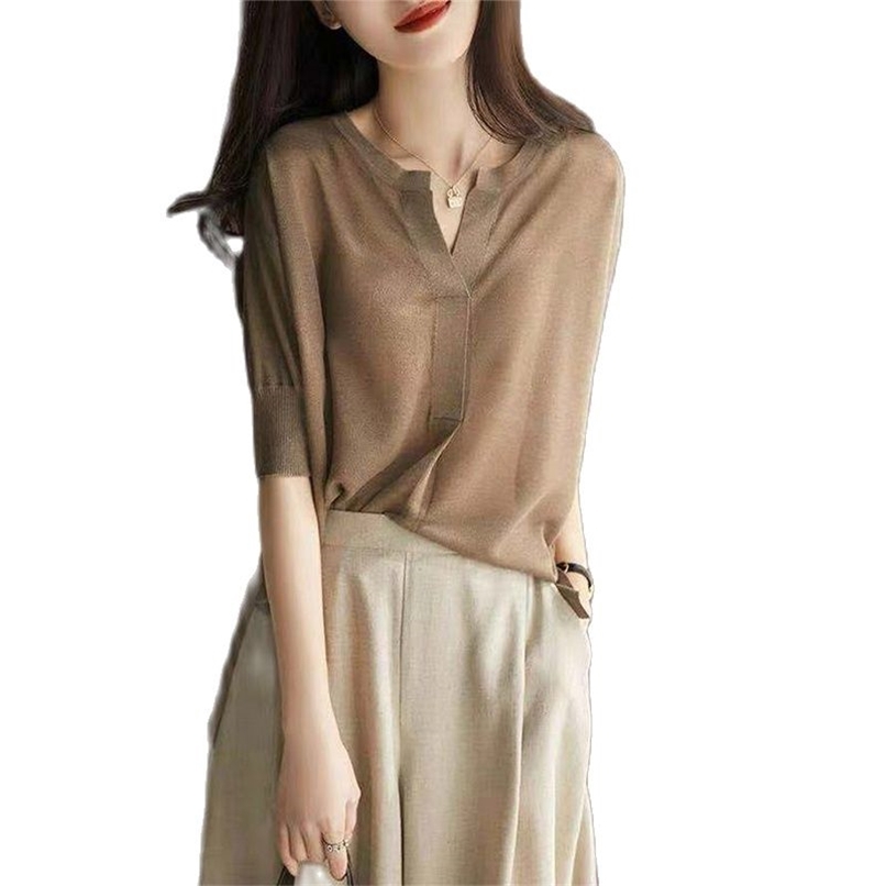 

Pure color ice silk short-sleeved V-neck sweater casual top fashion summer Korean women's clothing 210520, Gray