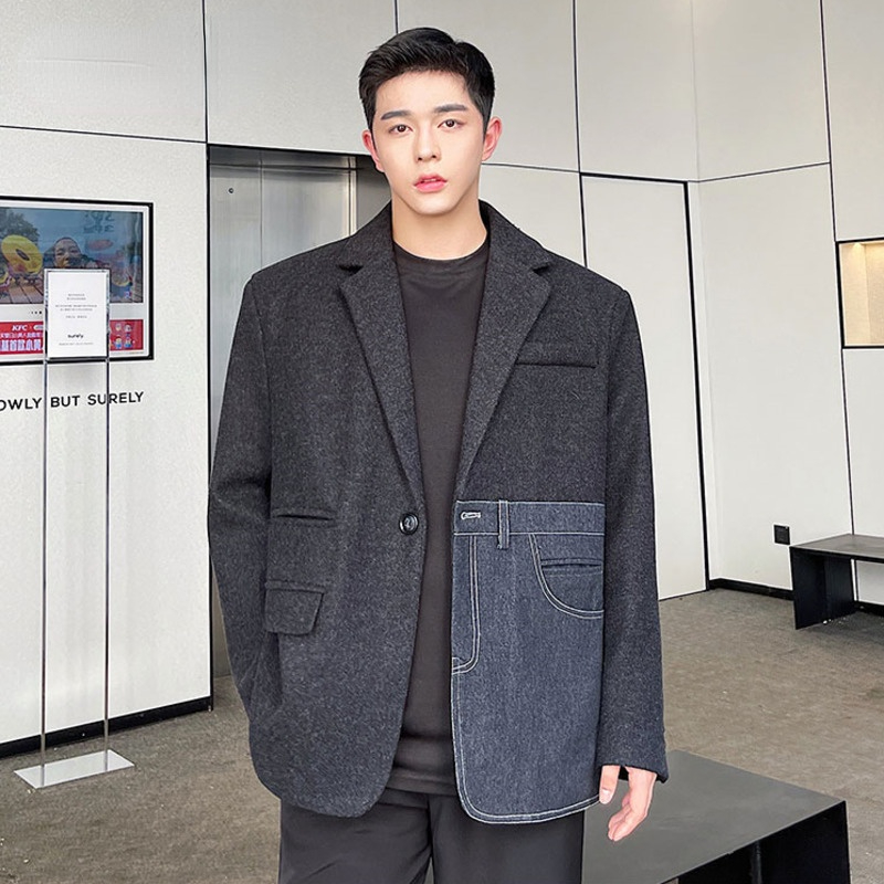 

Menswear Fashion Chic Denim Spliced Woolen Blazers Loose Single Button Tweed Suit Jacket 2021 New Autumn Winter Clothing, White;black